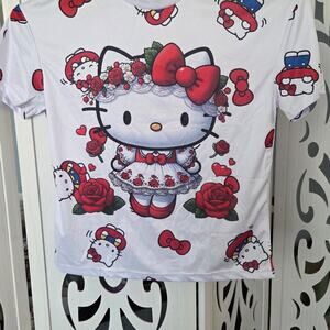 Hello Kitty Floral Rose Graphic T Shirt White All Over Print Women's Medium Cute
